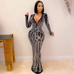 Sparkly black deep V-neck mermaid dress with silver rhinestones and sheer mesh sleeves