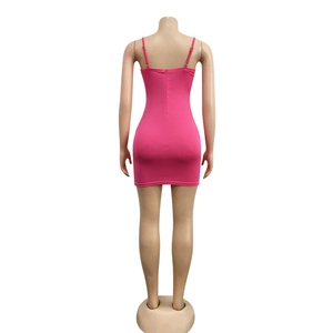 Detail view of back design on rose pink bodycon mini dress with thin spaghetti straps