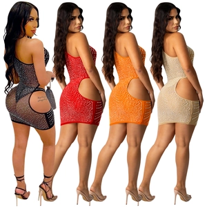 Sexy one-shoulder cutout mini dress with rhinestones in black, red, orange, and gold