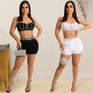 Women Elegant Rhinestone Top And Bottom Camisole Zipper Vest High Waist Shorts Sexy Party Clubwear Outfits