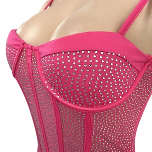 Detail of rose pink corset top with silver rhinestones and adjustable spaghetti straps