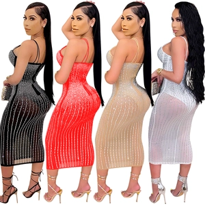 Sheer mesh bodycon midi dress with rhinestones and spaghetti straps in four colors