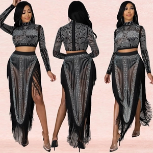 Detail of sheer black mesh two-piece set with silver rhinestones and fringe tassels