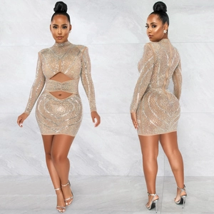 Sexy nude mesh mini dress with rhinestones, high neck, long sleeves and side cut-outs