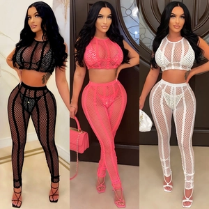 Women Sexy Rhinestone Mesh Fishnet See Through Top And Bottom Bikini Cover Up Set Clubwear Party Outfits Fashion Elegant Clothing