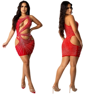 Detail of red hollow-out mini dress featuring sparkling rhinestones and one-shoulder design