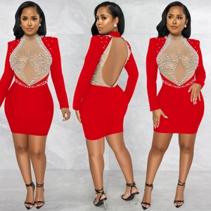 Detailed views of red bodycon dress featuring sheer mesh inserts and pearl embellishments