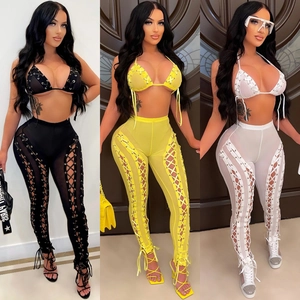Women Sexy Hollow Out Mesh Top And Pants Halter Bra Lace Up Long Trousers Polyester Spandex Elegant Party Clubwear Outfit
