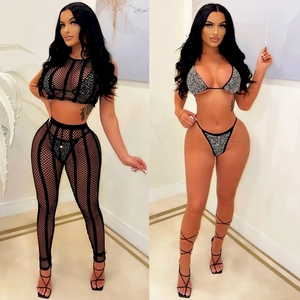 Women's 4-piece black rhinestone bikini and mesh see-through crop top pants set