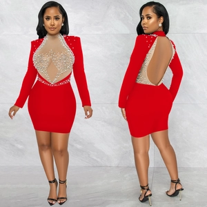 Sexy red long sleeve bodycon dress with sheer mesh paneling and pearl embellishments