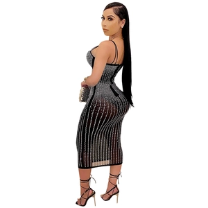Close-up of black mesh party dress featuring vertical rhinestone stripes and thin straps