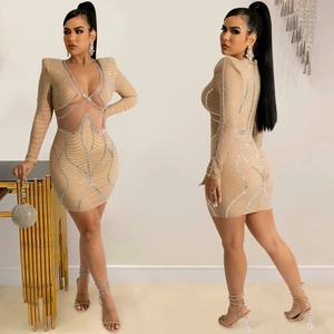 Sexy champagne gold mesh mini dress with silver rhinestones and cutout design