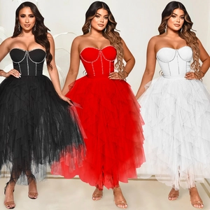 Elegant Strapless Corset Maxi Dress Layered Tulle Mesh Rhinestone Bustier Party Evening Gown For Wedding Ceremonies Women