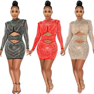 Detailed comparison of long sleeve rhinestone cutout mini dresses in black red and gold