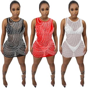 Detailed comparison of sheer mesh mini dresses with faux pearl embellishments in three colors