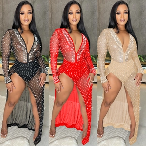 Women Sexy Mesh See-Through Rhinestone Maxi Dress Deep V-Neck Long Sleeve High Slit Party Nightclub Evening Gown
