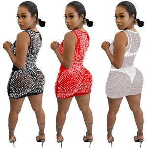 Sexy mesh bodycon mini dress with rhinestones and pearls in black, red, and white