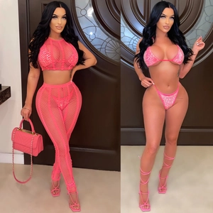 Hot pink rhinestone mesh 4-piece set with bikini top and sheer trousers for party