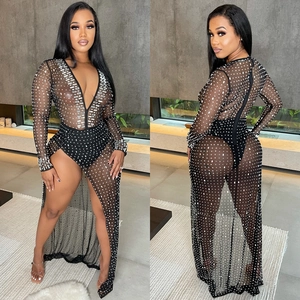 Elegant black mesh dress with deep V-neck, hot-fix rhinestones and high slit design