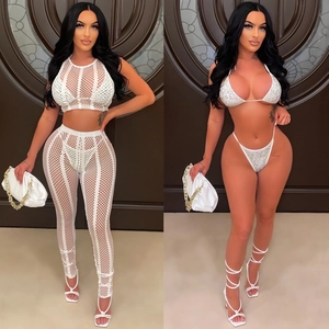 White four-piece mesh set with rhinestones featuring bikini and sheer trousers