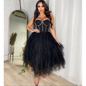 Detail of elegant black strapless dress with rhinestone bodice and layered mesh tutu skirt