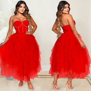 Elegant red strapless tulle midi dress with pearl detailing for formal party events