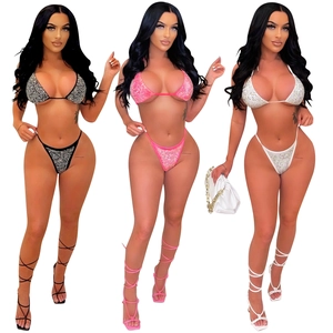 Sparkly rhinestone mesh bikini sets with halter neck bra and thong in black, pink and white