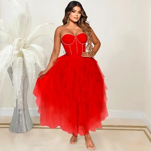 Detail of red tube top dress with pearl beaded corset and layered mesh tulle skirt