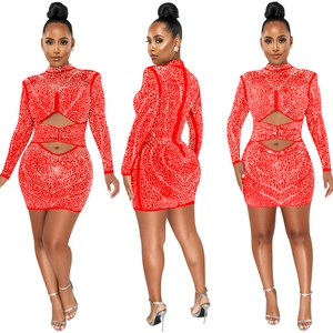 Detail view of red rhinestone mesh dress with long sleeves and hollow out waist