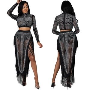 Detail of silver rhinestones and long black fringe on sheer mesh two-piece set