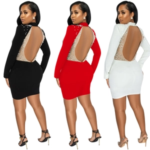 Sultry backless mesh long sleeve mini dress with bead trim in black, red and white