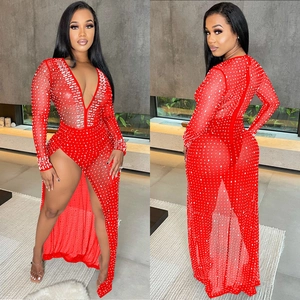 Elegant red deep V-neck long sleeve dress with rhinestones and high slit for evening events