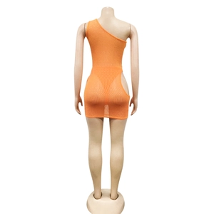 Detail of orange one-shoulder mini dress featuring sparkling rhinestones and back cutout