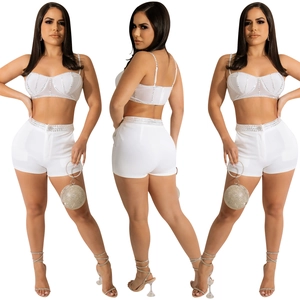 Three-view set of white rhinestone crop top and high-waisted shorts set for women