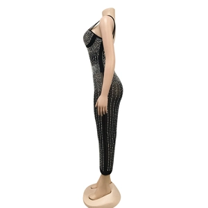 Detail of black slim-fit bodycon dress with vertical silver rhinestone stripes pattern