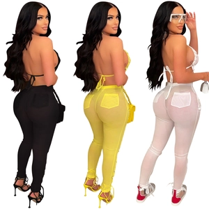 Women's sexy mesh two-piece set featuring sheer halter top and cutout high waist trousers