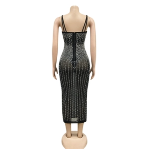 Detail of sheer mesh dress with silver rhinestones and back zipper on body form