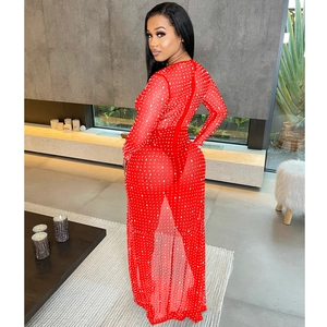 Detail of red mesh dress with rhinestones showing back slit and floor-length design
