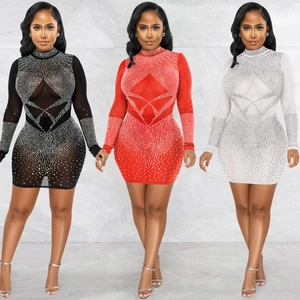 Sexy See Through Mesh Rhinestone Bodycon Mini Dress Women Long Sleeve High Neck Geometric Sparkly Party Nightclub Dress