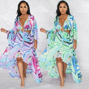 Robe Femme Col en V Découpe Imprimé Abstrait Irrégulière Manches Longues Bohème Élégante Robe Longue Vacances