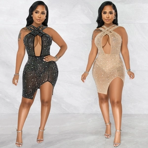 Damen Sexy Strass Ausschnitt Neckholder Kleid Überkreuzt Ärmellos Bodycon Unregelmäßiger Schlitz Midi Kleid Nachtclub Party