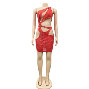 Detail of red rhinestone bodycon dress with sexy one-shoulder cutout and shimmering mesh