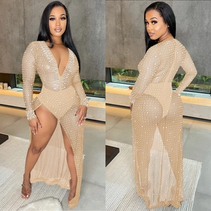 Sparkly rhinestone deep V-neck maxi dress with long sleeves and high side slit