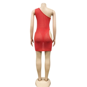 Detail of red one-shoulder dress with sparkling rhinestones and side cut-out design