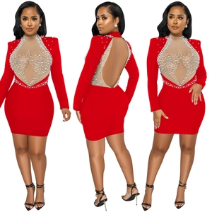 Three-view detail of red bodycon dress with pearls, sheer mesh, and backless design