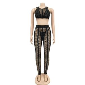 Detail of black rhinestone mesh 4-piece set showing sheer fabric and sparkling sequins