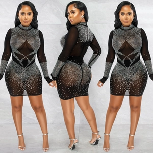 Detailed views of sexy black mesh mini dress with silver rhinestones and high neck