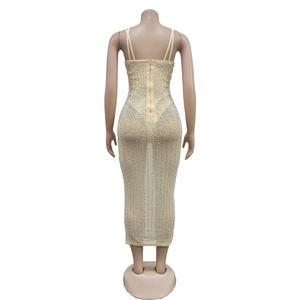 Detail of nude mesh bodycon dress featuring rhinestone patterns and hidden back zipper
