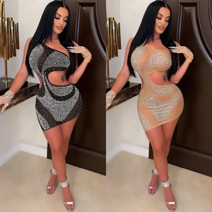 Sexy One Shoulder Rhinestone Mesh Mini Dress With Gloves Cut Out Bodycon Party Club Night Out Evening Outfit For Women