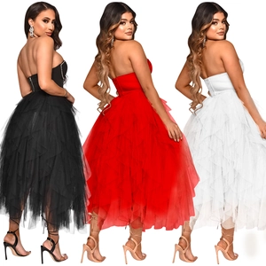 Sleeveless strapless tiered mesh tulle maxi dress in black, red, and white colors